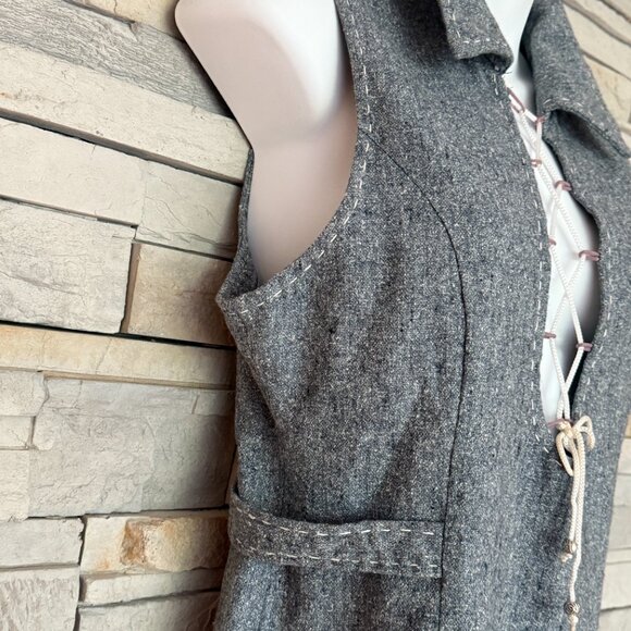 Grey Wool Midi Dress w/ White Lace-up Front Detail & a Back Slit Below the Knee - Picture 6 of 16